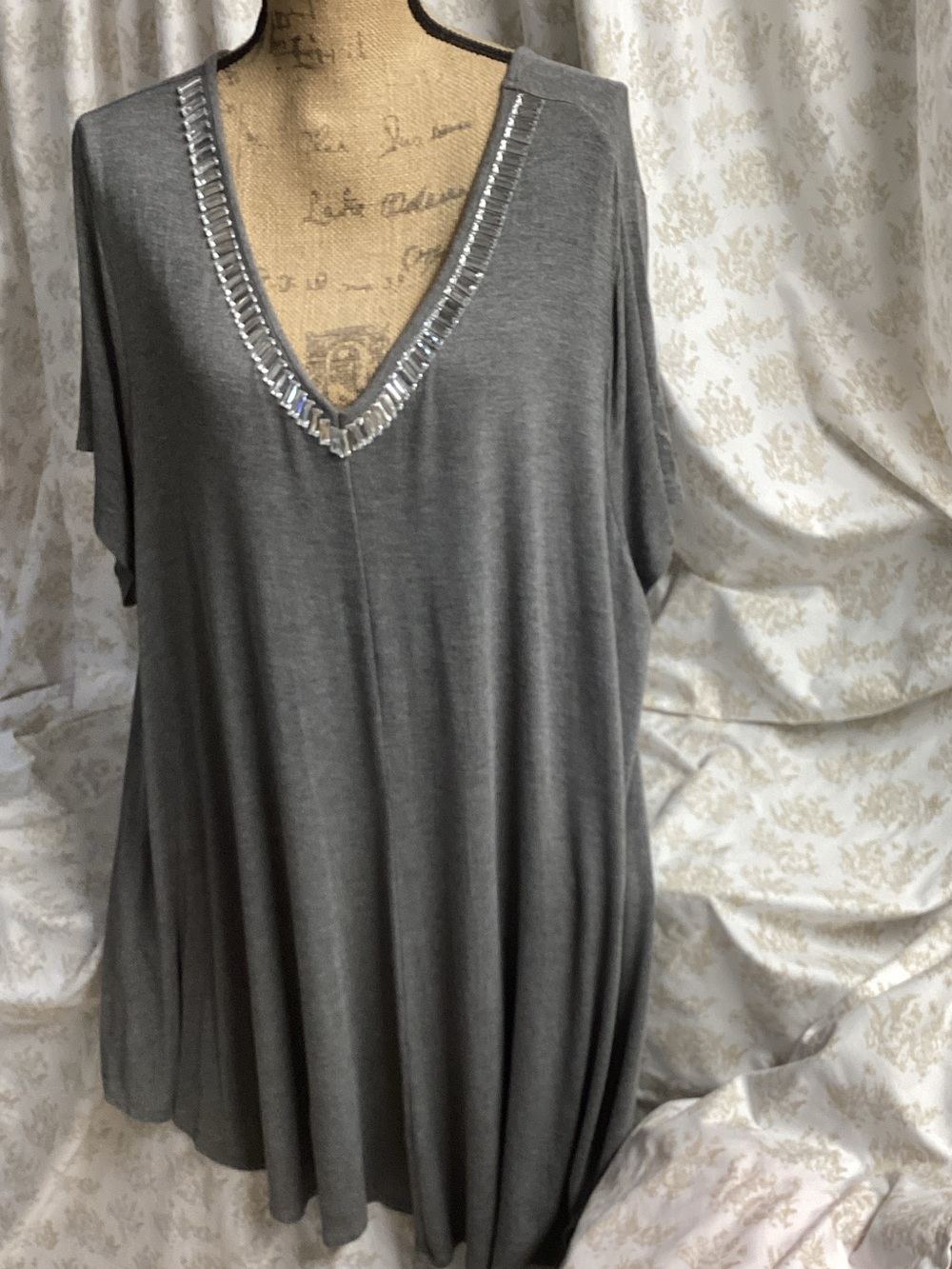 Roaman's Gray V-Neck Dress with Beaded Trim